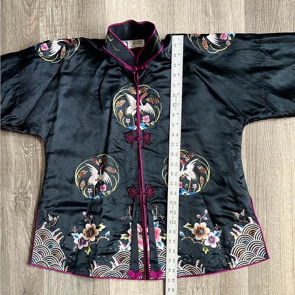 Vintage 1960s Chinese 100% Silk Black Embroidered Jacket Mandarin Collar Medium - Picture 16 of 16